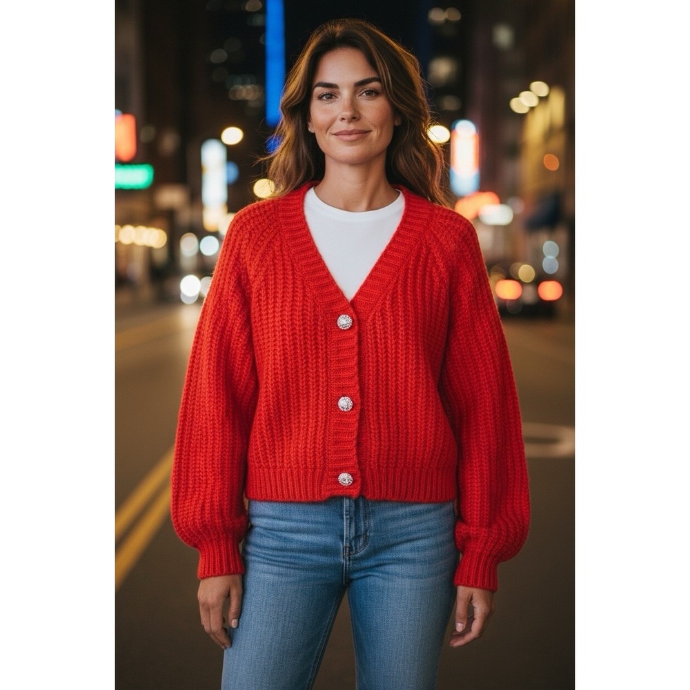 Jessica Simpson Chunky Knit Crop Sweater Cardigan Rhinestone Buttons Sz S